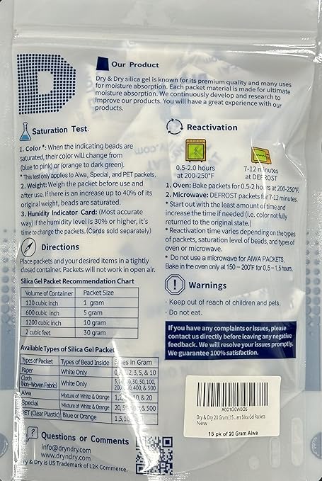 Dry & Dry Orange Indicating Silica Gel Packets Desiccant - Food Safe Silica Gel Desiccant Packs, Silica Packets - White - 20 Gram (15 Packets)