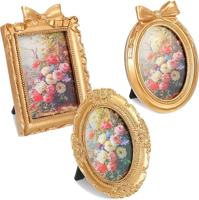 3Pcs Small Vintage Picture Frames, 2.5 x 3.5 Inch Gold Vintage Baroque Mini Gold Frames, Oval Rectangle Ornate Table Top Display Frame for DIY Jewelry Display Photography Mobile Photo Wedding Decor
