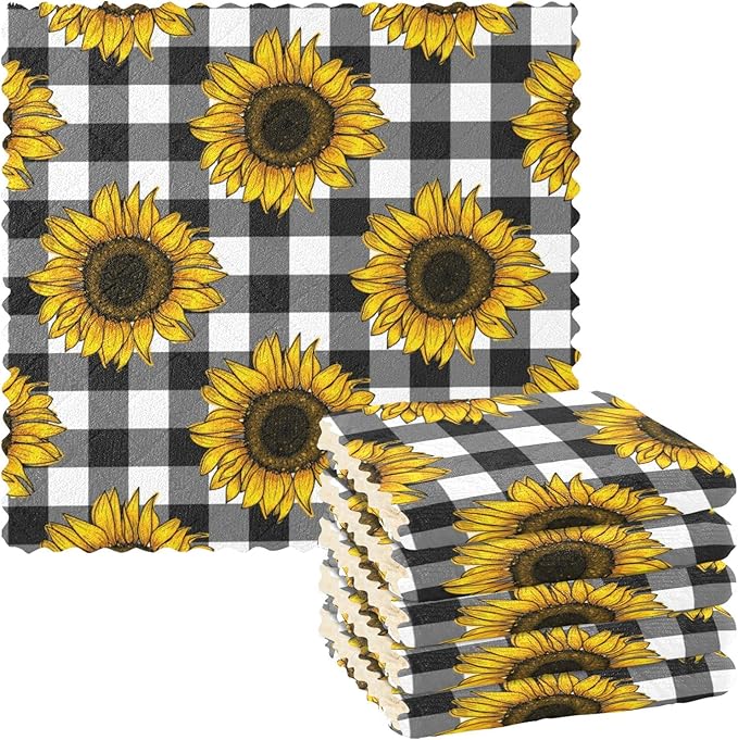 CaTaKu Black and White Plaid Sunflower Kitchen Dish Cloths for Washing Dishes Reusable Cleaning Cloth Dish Towels Microfiber Washcloths Dish Rags for Kitchen, 6 Pack