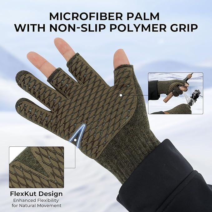 KastKing Bully Wooly 3-Cut Fingerless Wool Fishing Gloves, Cold Weather Warm Winter Gloves for Men & Women, Ice Fishing