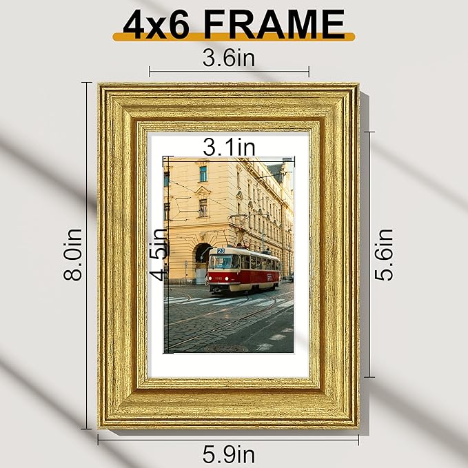 Vittanly 4x6 Picture Frames Set of 2, Ornate Vintage Photo Frame for Wall or Tabletop, Display 3.5x5 Pictures with Mat or 4x6 without Mat, Rustic Gold