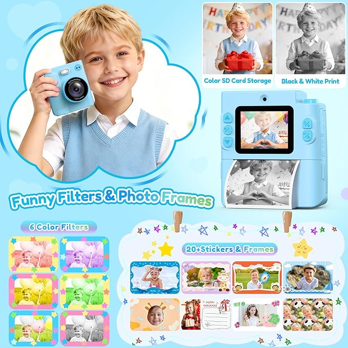 Kids Camera Gift for Boys Girls: Digital Camera Instant Print Support Dual HD Video Toys for Kids Teen Boys Girls Ages 3 4 5 6 7 8 9 10 11 12 Birthday Christmas Valentines Gifts with 32G SD Card Blue
