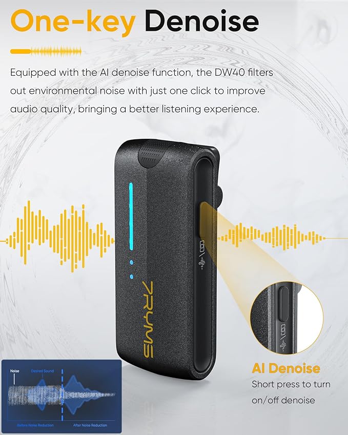7RYMS iRay DW40 4-Channel Wireless Lavalier Microphone with Noise Cancellation, 656ft Range, 12.5H Working, Wireless Laple Mic for iPhone, DSLR Camera, Android, Video Recording Podcast Live-Stream