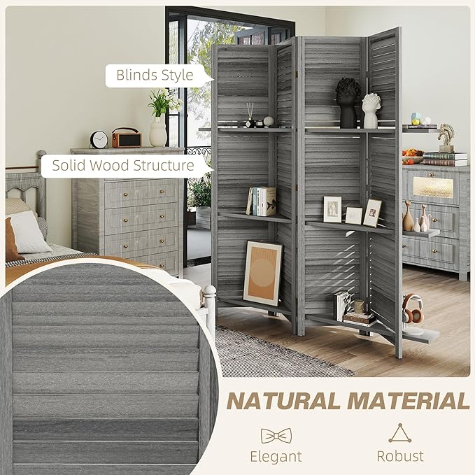 HOMCOM Room Divider, 4 Panel 67" Tall Wood Privacy Screen with 3 Display Shelves, and Folding Storage for Bedroom or Home Office, Gray