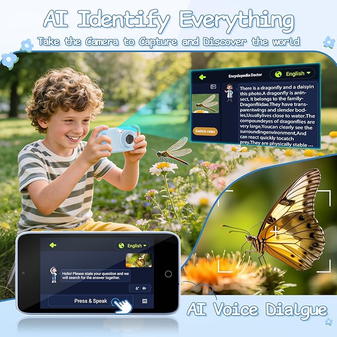 AI Everything Recognition Kids Camera for 4-12 Years Old Girls Boys, Supports 2.4GHz Wi-Fi,4" LCD Touch Screen,Dual Lenes Selfie Digital Camera,Gift Ideas for Birthday Christmas Festival
