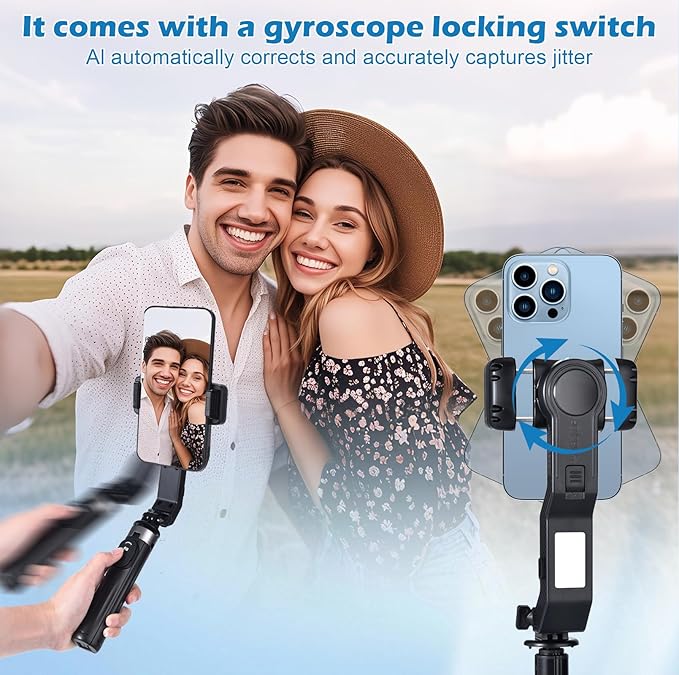 Phone Ptabilizer for Video Recording, 3-in-1 Selfie Stick & Tripod, 360° Auto Rotation, Gimbal stabilizer for iPhone、Superior Stabilization for Vloggers, TikTok, Travel (iPhone/Android/GoPro)