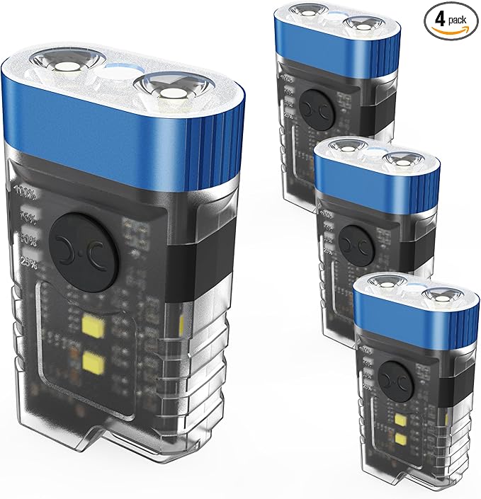 Rechargeable EDC Clip Flashlight, 10 Lighting Modes 2 Illumination Angles, USB C Charging Mini Flashlight Magnetic for Home, Christmas Gift, Walk, Emergency, Night Working, 4 Pack, Blue
