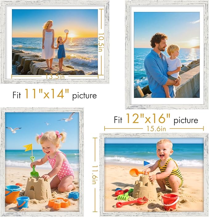 Vittanly 12x16 Picture Frame, Made of Solid Wood and Shatterproof Plexiglass, Display Pictures 11x14 with Mat or 12x16 without Mat, Wooden Photo Frame for Wall Mounting, Distressed White, 1 Pack
