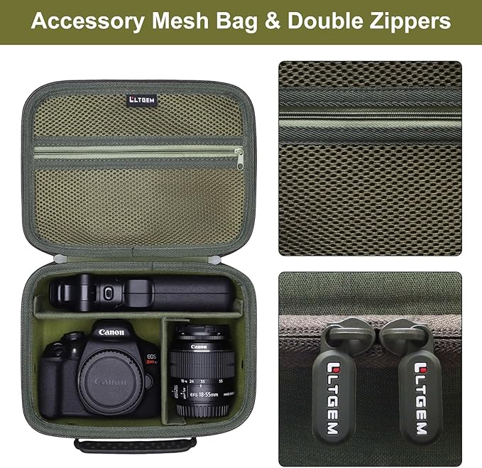 Camera Case Compatible with Canon EOS Rebel T7/R50/R6 Mark II/R100/R50 V/T6/R8/R10/R5 Mark II/RP/R7/5D Mark IV/SL3/R5/T100 DSLR SLR Camera, Len and Tripod with 4 Dividers and Shoulder Strap, Green