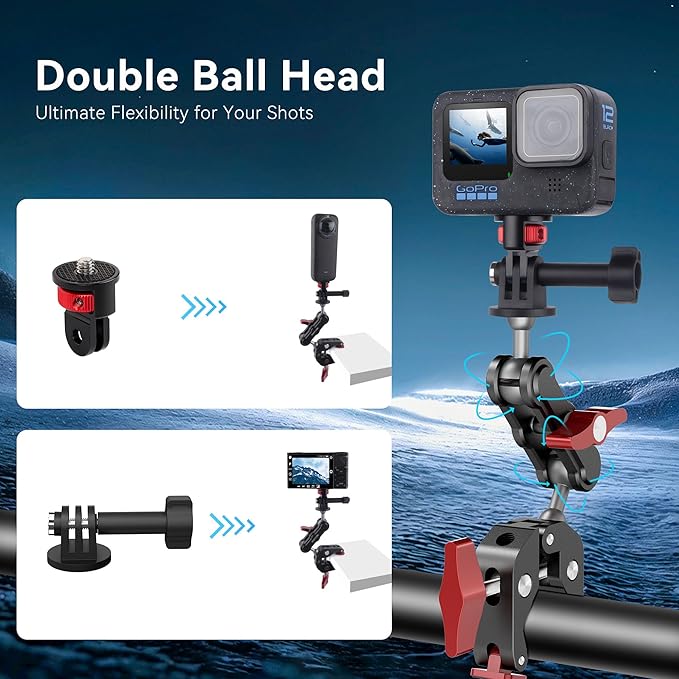 Camera Clamp Mount & 360°Ball Head Magic Arm with Adapter for Go pro, Aluminum Double Ball Head Adapters, Heavy Duty Super Clamp with 1/4"-20 & 3/8"-16 Thread (with 1/4" Conversion Adapter)-SJ009