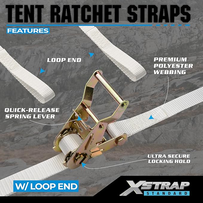 XSTRAP Standard 4PK 1" Ratchet Tent Straps with Loop End - Heavy Duty 2500lbs Breaking Strength, Secure Tents & Canopies for Camping/Events, 12ft Tie Down Straps, Durable Polyester Webbing