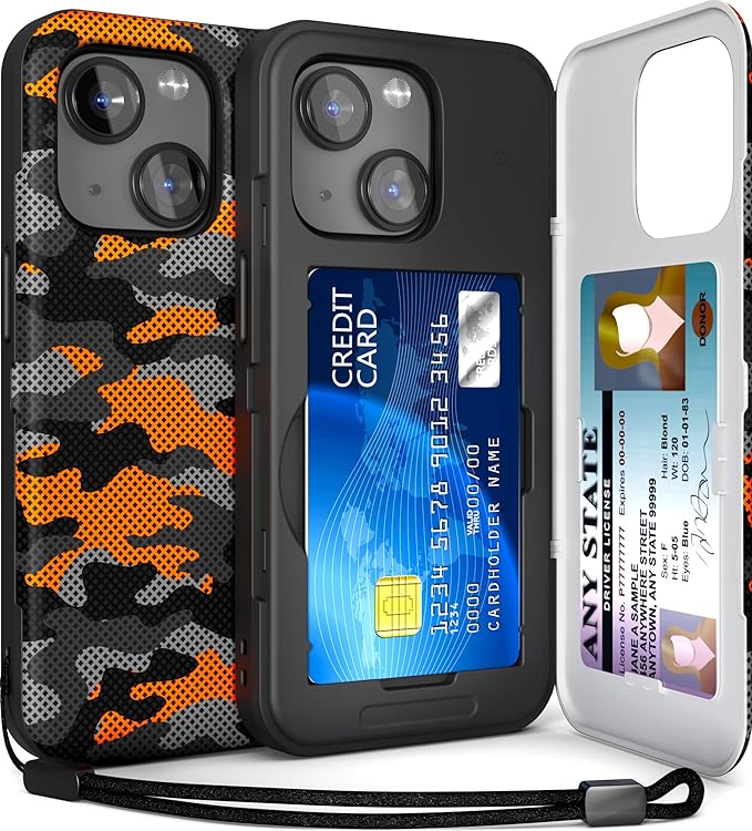 TORU for iPhone 15 Wallet Case with Card Holder, Hidden ID Credit Card Slot Flip Kickstand, Slim Fit Shockproof Heavy Duty Phone Cover with Strap - Camouflage Pattern