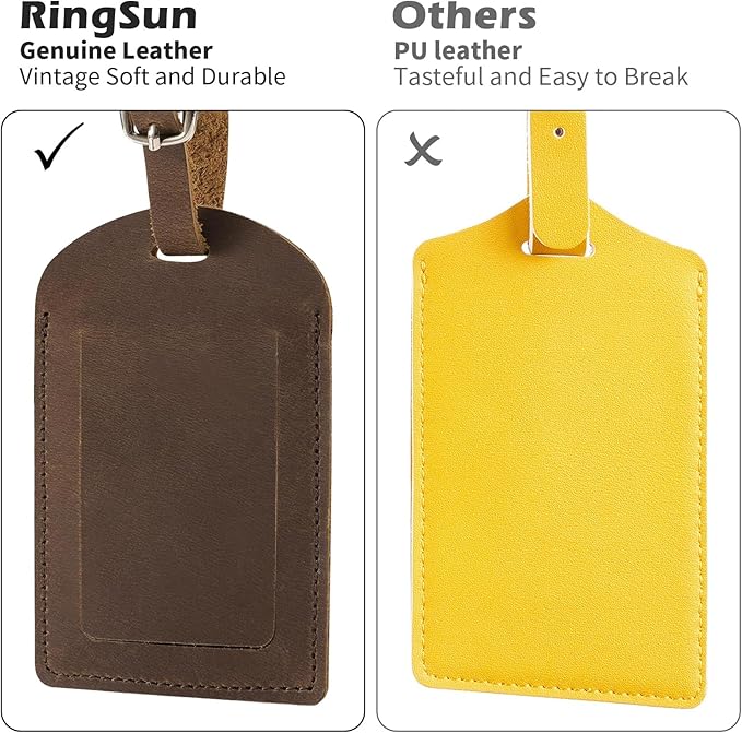 Ringsun Genuine Leather Luggage Tag for Suitcases ID Tags Bag Tags for Luggage (4 Pack)