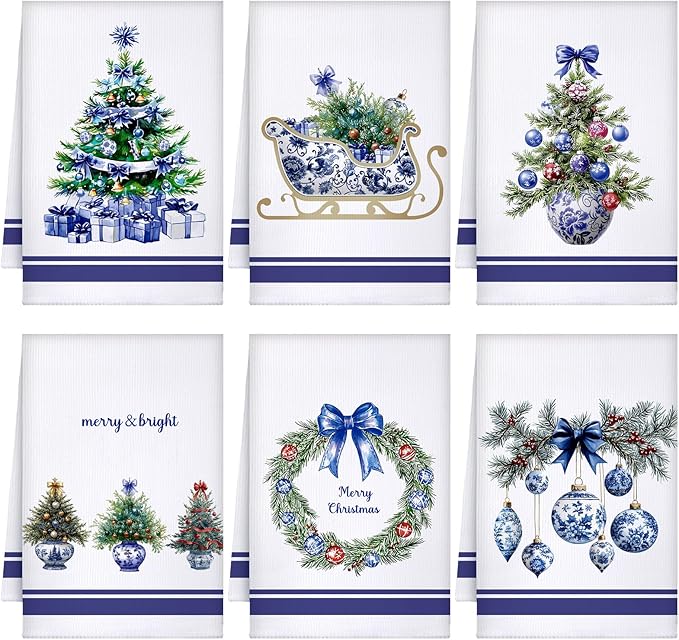 Preboun 6 Pcs Christmas Kitchen Towels Chinoiserie Decorative Hand Towels Blue and White Christmas Ball Dish Cloth Farmhouse Tea Cloth Kitchen Accessories Bathroom Decor