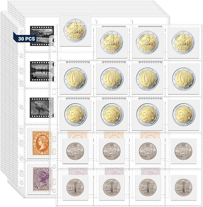 ENPOINT 600 Pockets Acid Free Coin Sleeves, Non Stick and Non Glare, Fit for Coin Flips 2x2 inch, 3 Ring Binder Sleeves Clear Plastic Stamp Collecting Supplies, 30 Pack