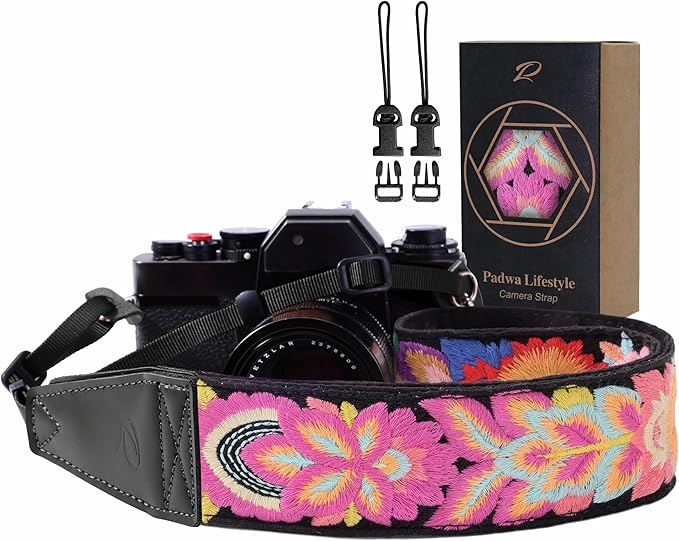 Padwa Lifestyle Colorful Knit Camera Strap - 2" Full Grain Leather Ends Camera Straps for Photographers, Vintage Embroidered Cotton Soft Suede Fabric Padded Strap Quick Release fits All Cameras