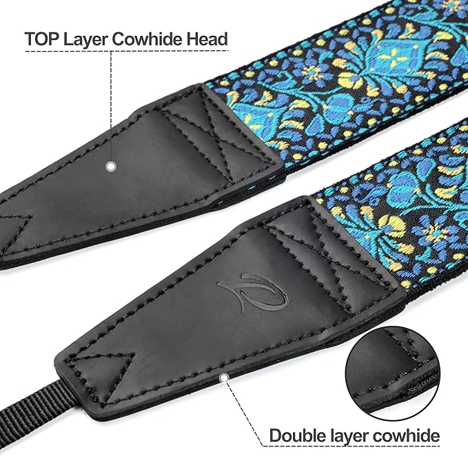 Padwa Lifestyle Camera Strap - 2" Full Grain Leather Ends Camera Straps for Photographers, Vintage Embroidered Cotton Weave Soft Suede Fabric Padded Strap Quick Release fits All Cameras