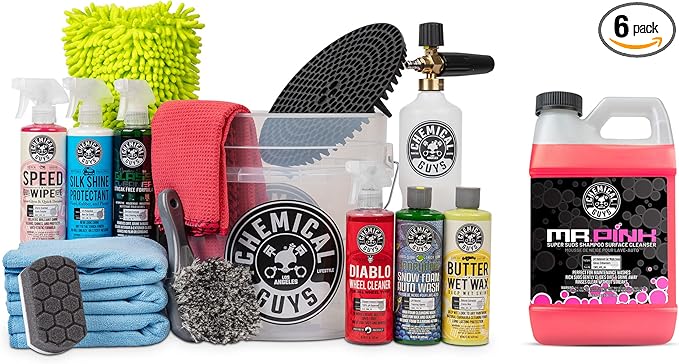 Chemical Guys HOL169 16-Piece Arsenal Builder Carwash Kit, Foam Cannon, Bucket (6) 16 oz Car Care Cleaning Chemicals (Works w/Pressure Washers) with Mr. Pink Foaming Carwash Soap, 64 oz, Candy Scent