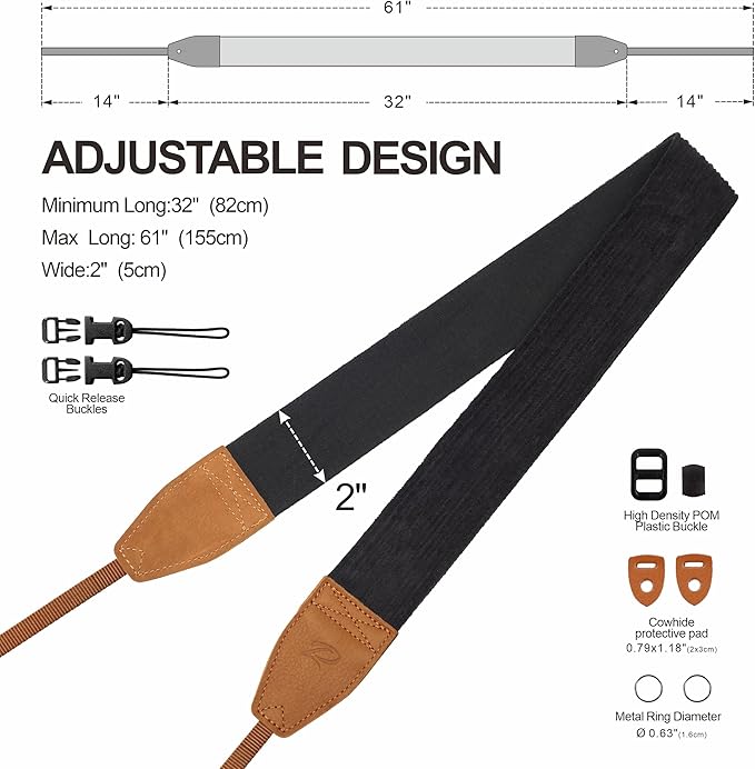 Padwa Lifestyle Black Corduroy Camera Strap - 2" Double Layer Full Grain Cowhide Leather Head Camera Straps for Photographers, Unique Soft Corduroy Fabric with Quick Release fits all Cameras