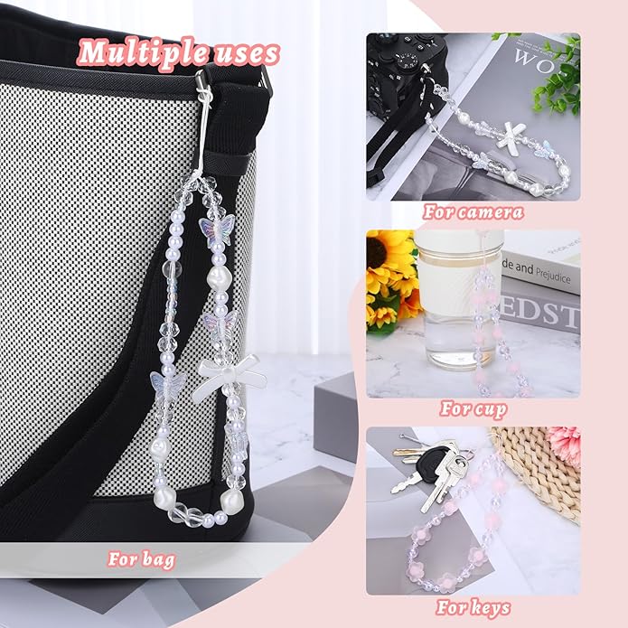 Pink Beaded Phone Wrist Straps, Y2K Phone Case Charms Camera Charm Strap, Lanyard Keychain Wristlet Aesthetic Cellphone Charm