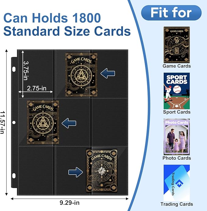 100 Pack 9 Pocket Page Protector, Trading Card Sleeves Pages Baseball for 3 Ring Binder Hold 1800 Cards, Sheets Standard Size Cards, Sport Game Business Cards