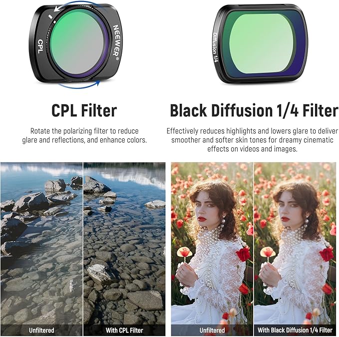 NEEWER ND Filter Set (6 Pack) Compatible with DJI Osmo Pocket 3, ND16 ND32 ND64 ND256 CPL Black Diffusion 1/4 Filter with 0.75X Wide Angle Lens, 2X Macro Lens & Screen Protector, FL-B17