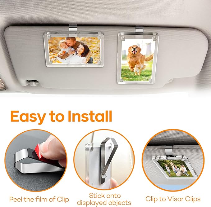 4-Pack Stainless Steel Clips with 3M Adhesive – DIY Sun Visor Mounting Kit for Photo Frames (Not Included) – Strong Hold Car Visor Accessory for Custom Displays, Home & Office Use