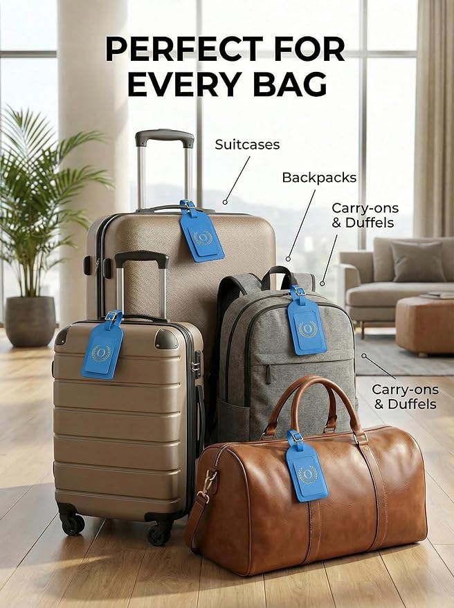 Luggage Tags for Suitcases 6 Pack PU Leather Travel Bag Tags with Privacy Cover & Stainless Steel Buckle, Vegan Leather Name ID Labels for Travel Bags, Cruise, Airline, Backpack, Baggage Identifier(O)