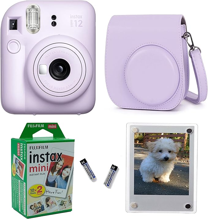 Fujifilm Instax Mini 12 Instant Camera + Pro Design Protective Case & Magnetic Lucite Frames, 20 Sheets (Lilac Purple)