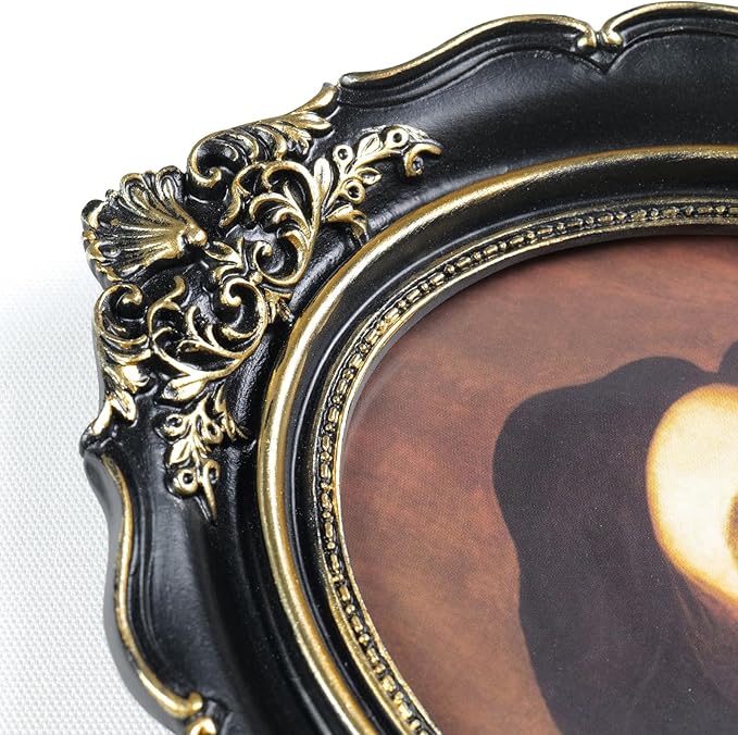 Cuspin 4x6 Oval Picture Frame, Vintage Ornate Baroque Black and Gold Resin Photo Frame with Glass Front, Wall Hanging or Tabletop Display