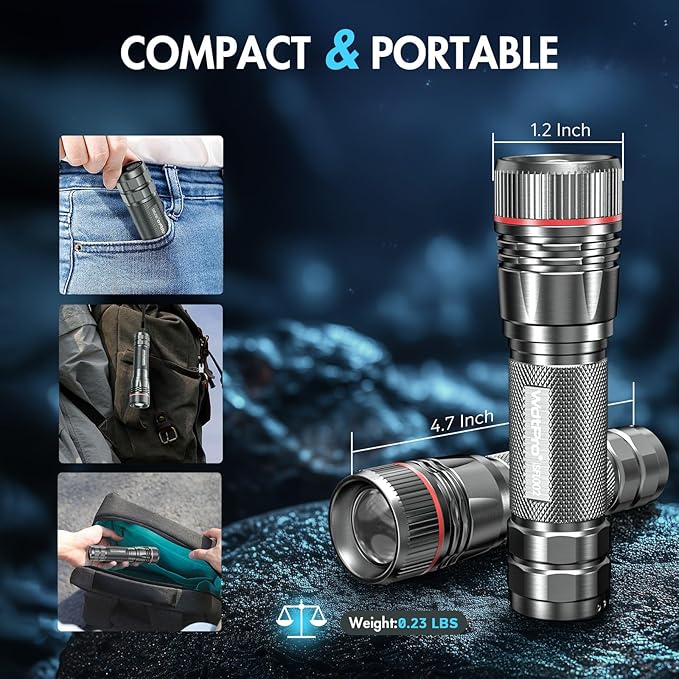WdtPro Rechargeable Flashlights High Lumens, 1 Pack 10H Long Lasting Super Bright EDC Flashlights, LED Mini Tactical Flash Lights for Camping Emergency, Drop & Water Resistant Grey(Battery Included)