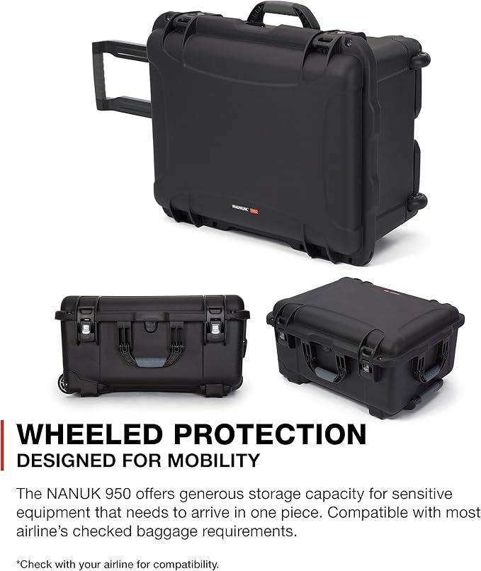 NANUK 950 Waterproof Hard Case with Wheels and Padded Divider - Black