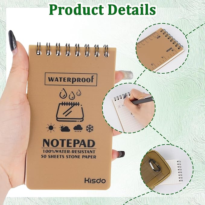 6 Pcs Waterproof Notebook Set, Write in The Rain Notebook, All Weather Notebook, Police Notepad, Field Notes Notebooks, 3 × 5" Pocket Notebook with Pen and Cover for Outdoor Activities Recording (Khaki)