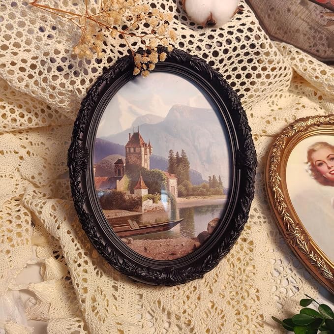Vintage 5x7 Oval Picture Frame,Classic Ornamental Photo Frame Antique Frame with Intricate Carvings,Tabletop Display and Wall Mount,Real Glass Front,Old-Fashion (Black, 5x7)