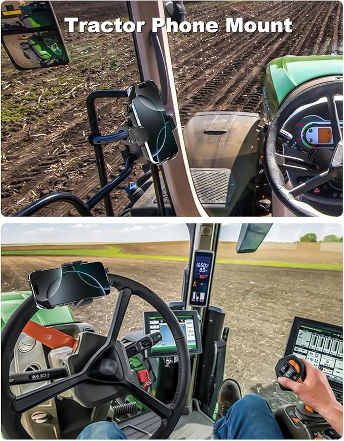 Tractor Phone Clamp Mount, [Upgraded Secure Tether] Stable Cellphone Clip for Forklift/Farming Machine, Front Loader Clip Holder for iPhone 16 15 14, Galaxy S25 S24, 4-7" Phone with Thick Case