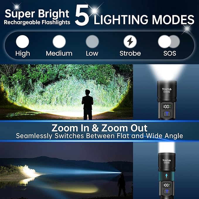 Rechargeable Flashlights High Lumens, 5Mode Flash Light with LCD Digital Display, Super Bright Flashlight Adjustable Tactical Flashlight, High Powered LED Handheld Flashlight for Home