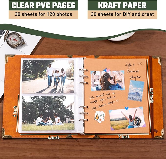 Vintage Photo Album 4x6 Leather Scrapbook Album with Writing Space 120 Photos & 30 Sheets DIY Paper Memory Albums Book for Anniversary Travel Vacation Family Tree, Brown
