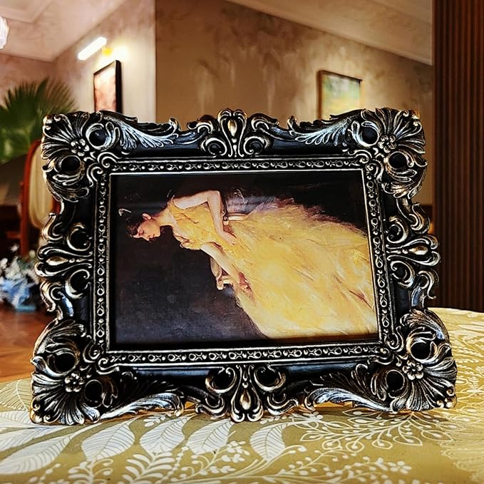 CISOO 4x6 Vintage Picture Frame Antique Ornate Black and Gold Photo Frame, for Table Top and Wall Display, Decorative Floral Design Retro Home Decor, Photo Gallery Art