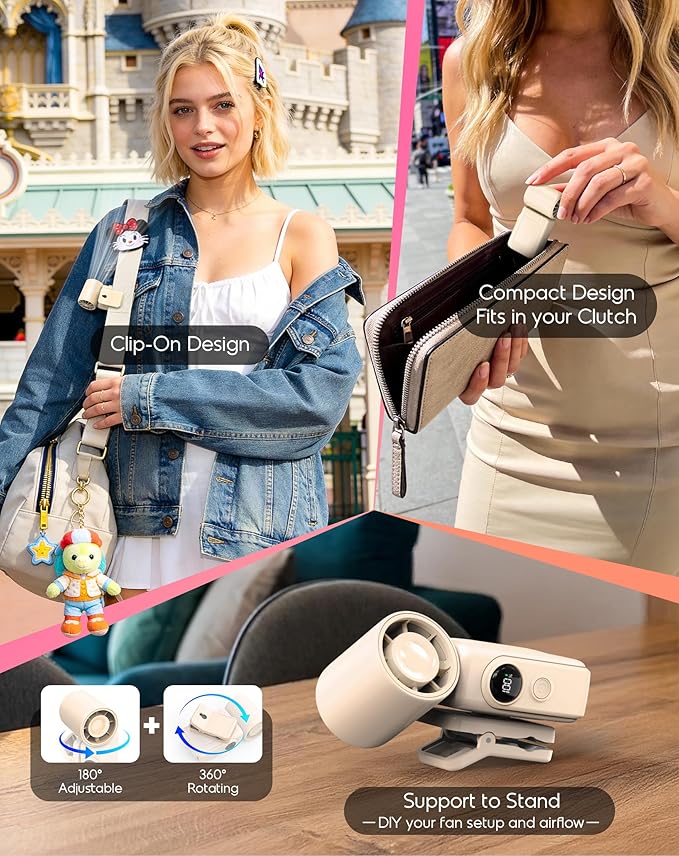 Portable Clip-On Mini Fan, Hands-Free, Turbo Personal Handheld Fans Rechargeable w/ 4 Wind & LED Display, Pocket Size Summer Cooling Essentials for Travel/EyeLash/Beach/Concert, Gifts for Women(Beige)
