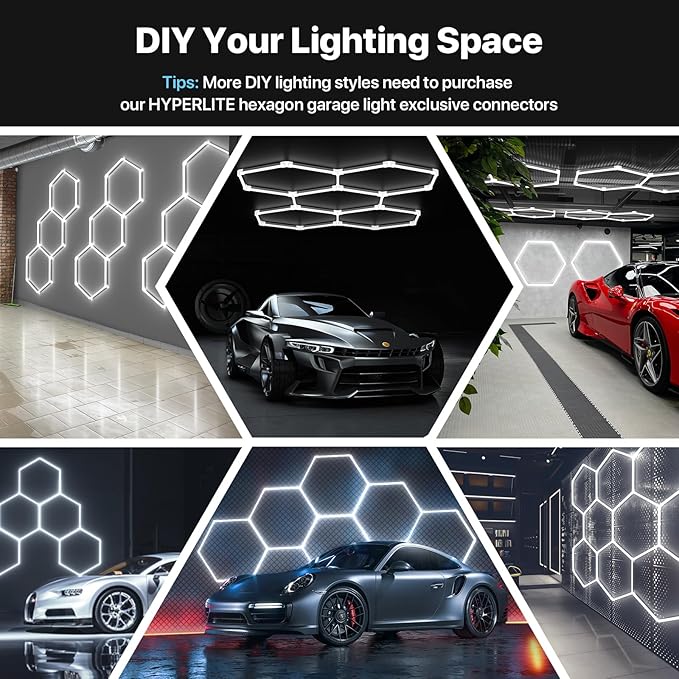 HYPERLITE Gen 2 Hexagon LED Lights: 105W 10500LM 3 Grids DIY Hexagon Led Lights, 6500K Ultra Bright, Easy Install, Durable Design for Garage, Car Detailing, Workshops, Basement, Gym