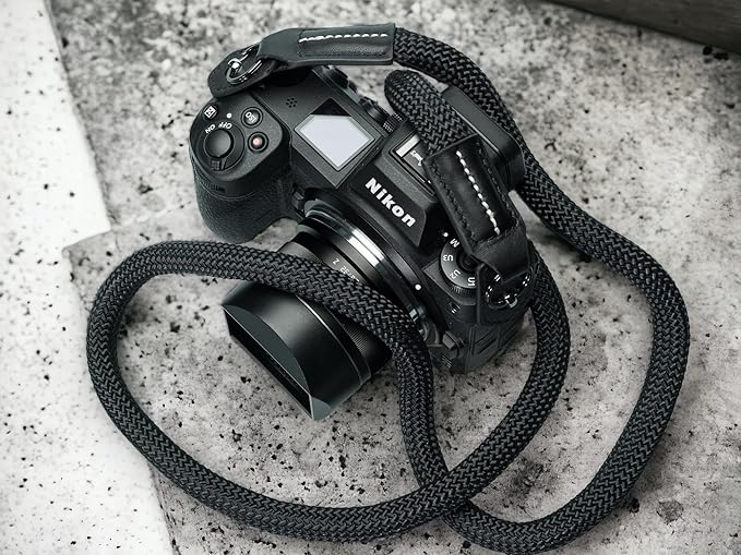 Vi Vante Sheetline Black Rope Camera Strap w/Nappa Leather Ends built in tension relief & electroplated key rings (Black w/White Stitching)