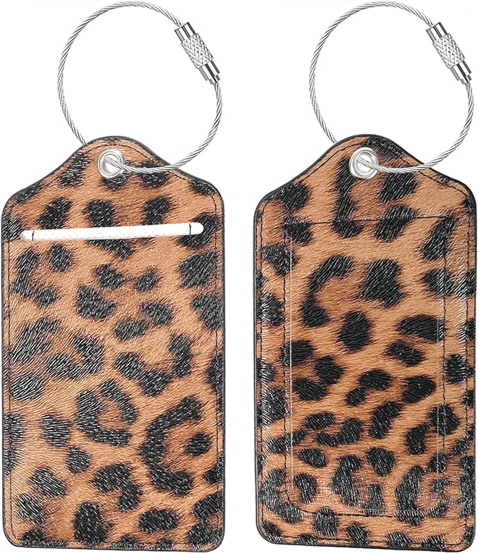 (Set of 2) Luggage Tag Leather Privacy Cover ID Label Address Card with Stainless Steel Loop, Travel Bag Tags Suitcase Labels, Leopard Leather