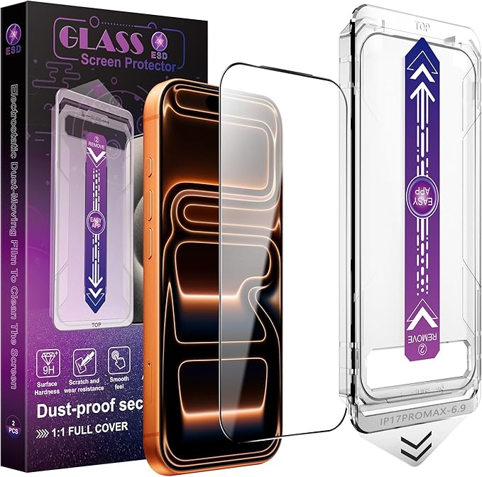 SHANG PIN JIA 2 Pack Screen Protector Tempered Glass for 17 Pro Max 6.9-Inch Auto Dust Removal, No Bubbles, High Definition Clear, Easy Installation