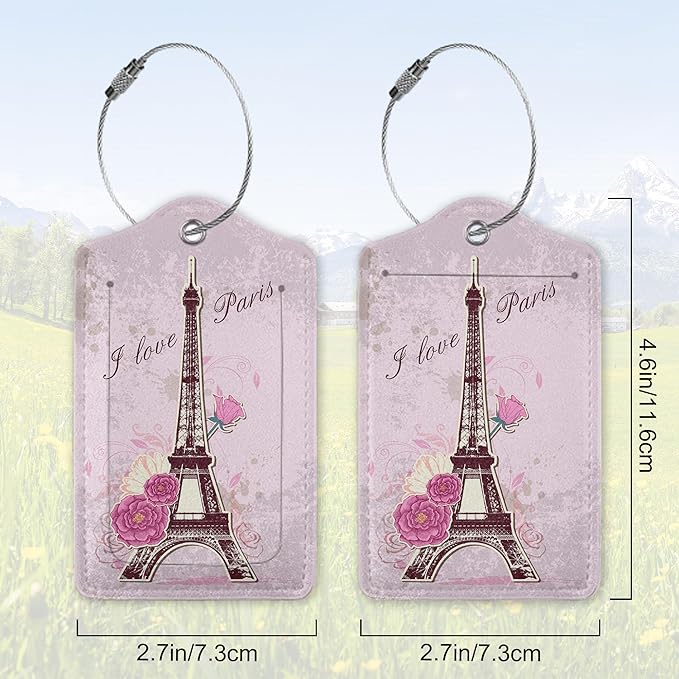 2 Pack Leather Luggage Tag for Suitcase Paris Tower I Love Paris Unique Travel Tags with Privacy Cover ID Label & Stainless Steel Loop for Men and Women Baggage