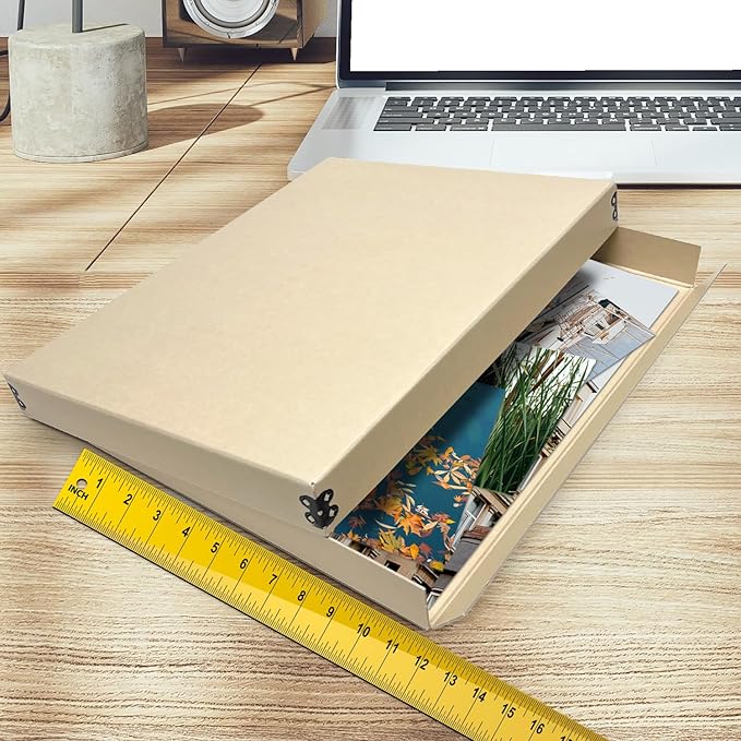 Golden State Art, Archival Storage Box, Acid-Free Drop Front Museum Box with Metal Edge for Storing Artwork Photos Documents Prints Arts And Crafts (Tan-11.75x14.75x1.5 Inches)
