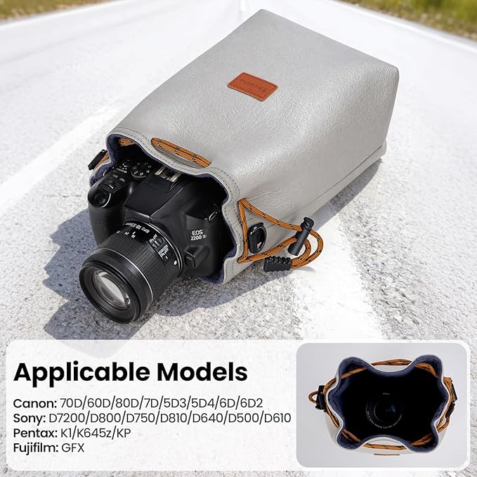 Professional Camera Storage Bag, Light Gray, pu, Drawstring Closure, Shoulder Strap, Padded Interior with Divider, Suitable for cameras of multiple brands