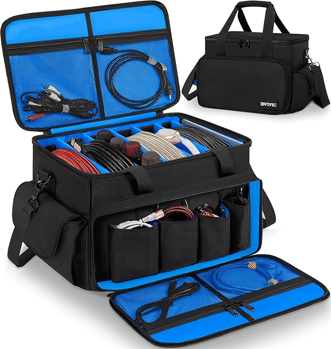 Cable File Bag With Adjustable Dividers Dj Gig Bag for Cables, Cords,DJ Gear,Sound Instrument and Accessories 16L x 11W x 12H inch, Blue