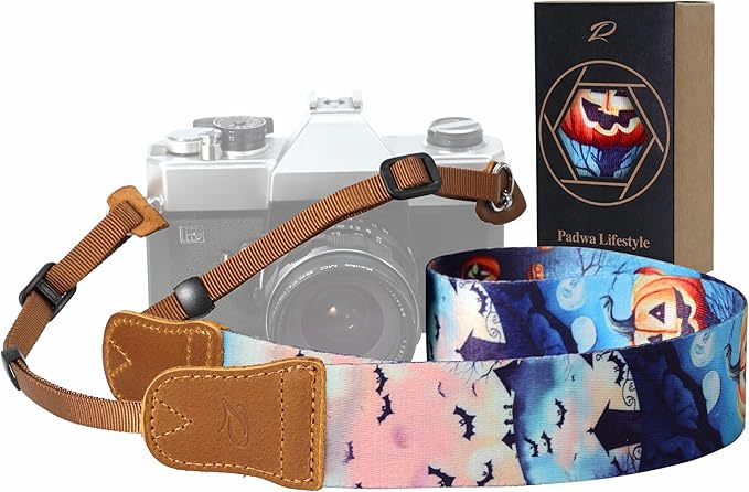 Padwa Lifestyle Camera Strap - 1.5" Soft Nylon Print Crazy Horse Cowhide Head Camera Straps for Photographers and All Cameras,Cute Adjustable Vintage Woven Strap for Adults & Kids(Halloween Pumpkin)