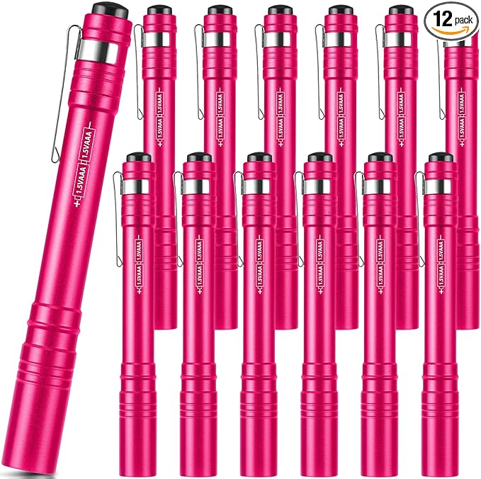 12 Pack LED Penlight Bulk, Pocket Flashlight with Clip, Aluminum Pen Flashlights Mini Pen Light for Nurses Hospital Outdoor Camping Emergency Hiking(Rose Red)