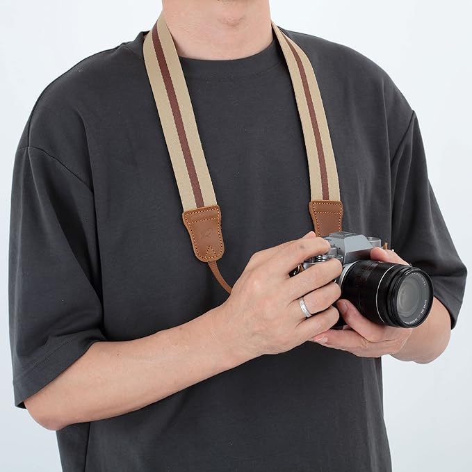 Padwa Lifestyle Stripe Camera Strap - 1.5" Wide Crazy Horse Cowhide Ends Camera Straps for All DSLR Cameras,Universal Adjustable Pure Cotton Woven Strap,Great Gift for Photographers（Beige&Brown）